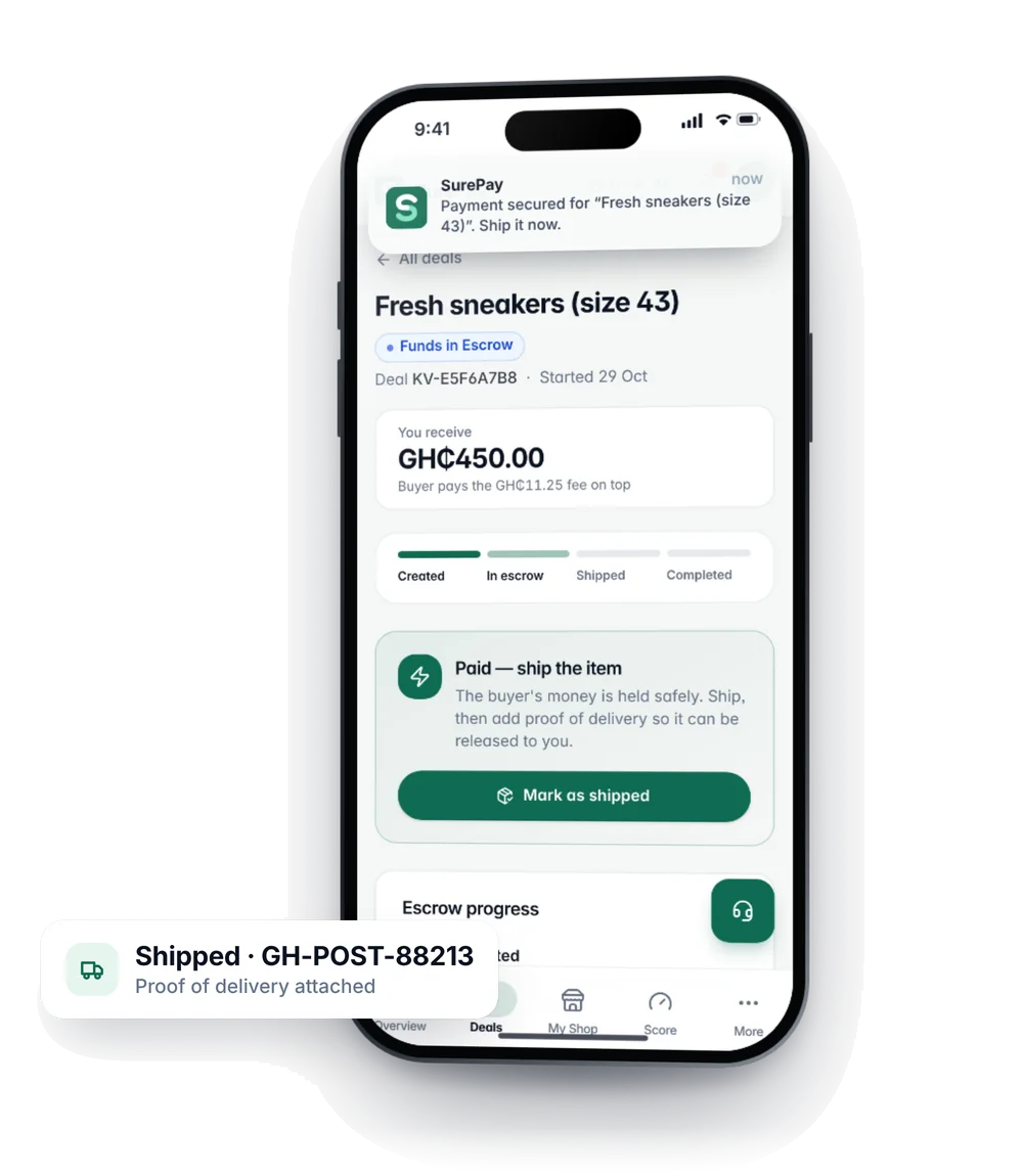 The seller's phone showing a 'Payment secured — ship it now' notification